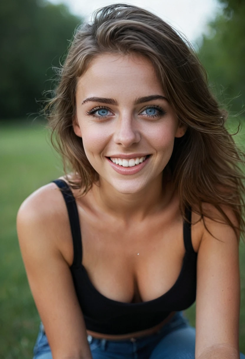 core_9, score_8_up, score_7_up, score_6_up, beautiful woman,cute face,shy,laughing out loud,extreme ultra detailed perfect eyes,dark and deep blue eyes,teeth,20yo,nose blush,big breast,eyes contact,Wearing tight sleeveless and jeans paint,outdoor,in park,(head tilted),RAW photo,realistic,volumetric lighting, depth of field,cinematic,full body,full-body shot,