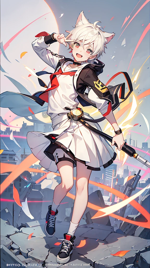 The boy has cat ears and a white shirt., Big smile , holding a microphone in hand , 2D anime style, Hero 2 d fanart artation, 2D anime, Full picture of the short story!, Anime style characters, As an anime character, High quality fan art, 2D style, Echoes from Overwatch, Detailed fan art, Male protagonist 👀 :8, in anime style, anime boy