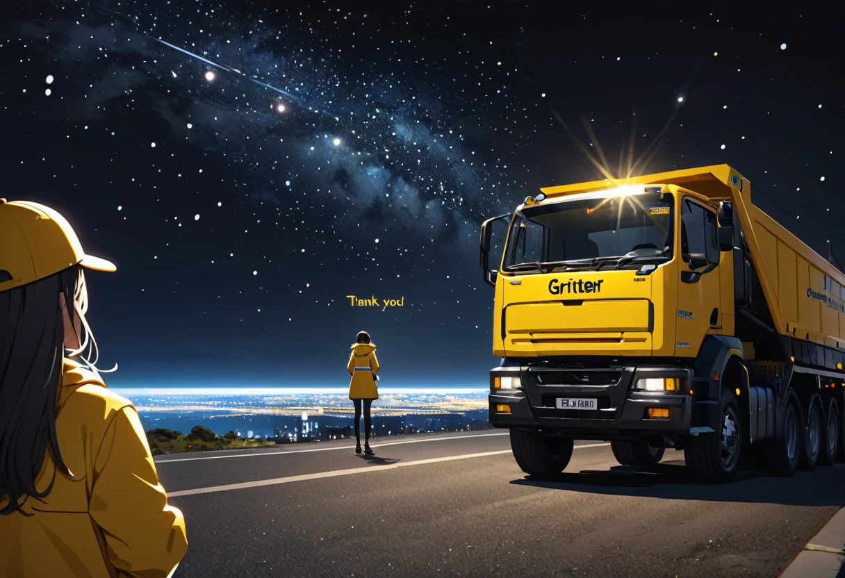 (((zoom out))),8K,((Highest quality)),((high-res)),((shot from behind)),night,She stands front of a black world,dreaming,shiny,gritter,thank you!