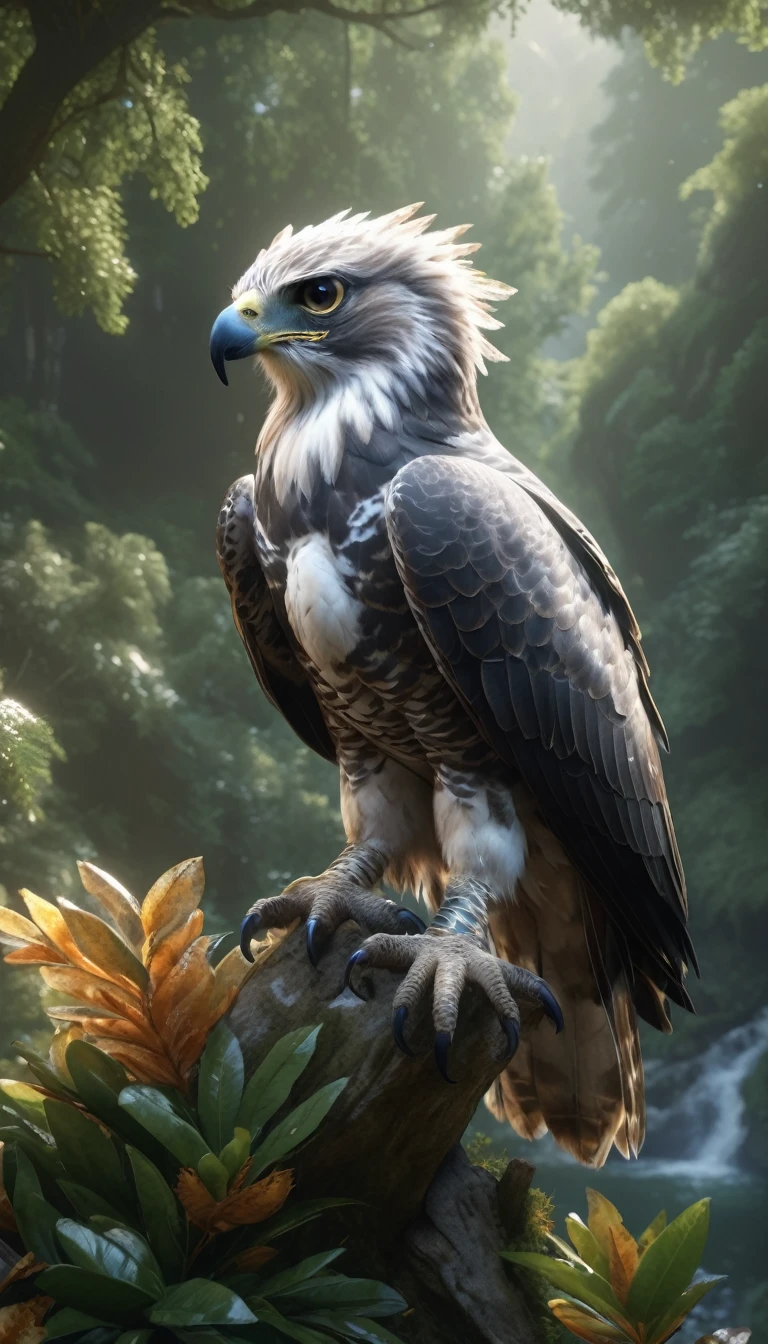 Mountains and forests,There is a kind of beast,It looks like a hawk but has human hands.(best quality,4K,8K,High level,masterpiece:1.2),Ultra Detailed,(lifelike,Photo real,Photo real:1.37),Highly detailed animals,Realistic lighting,Fantasy Creatures