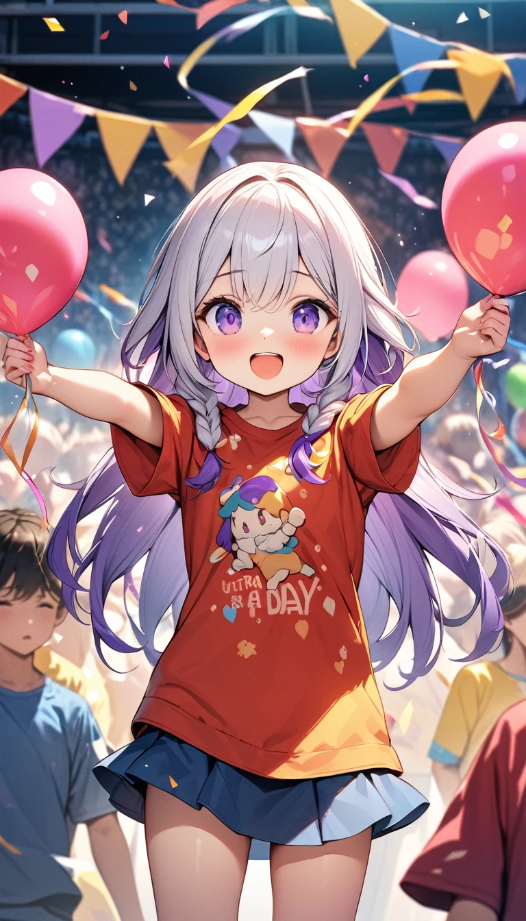 (Best quality, 8K, 32k, masterpiece, Ultra HD:1.3), (Children's Day illustration), Two children in short-sleeved T-shirts and short skirts cheering with their hands raised on the stage, yinji, Purple Hair, Purple Eyes, Long hair, White hair, Double braid, Gradient hair, Bright and warm, There are streamers and balloons everywhere., Crowd cheering. Characters make up only a small part of the picture.