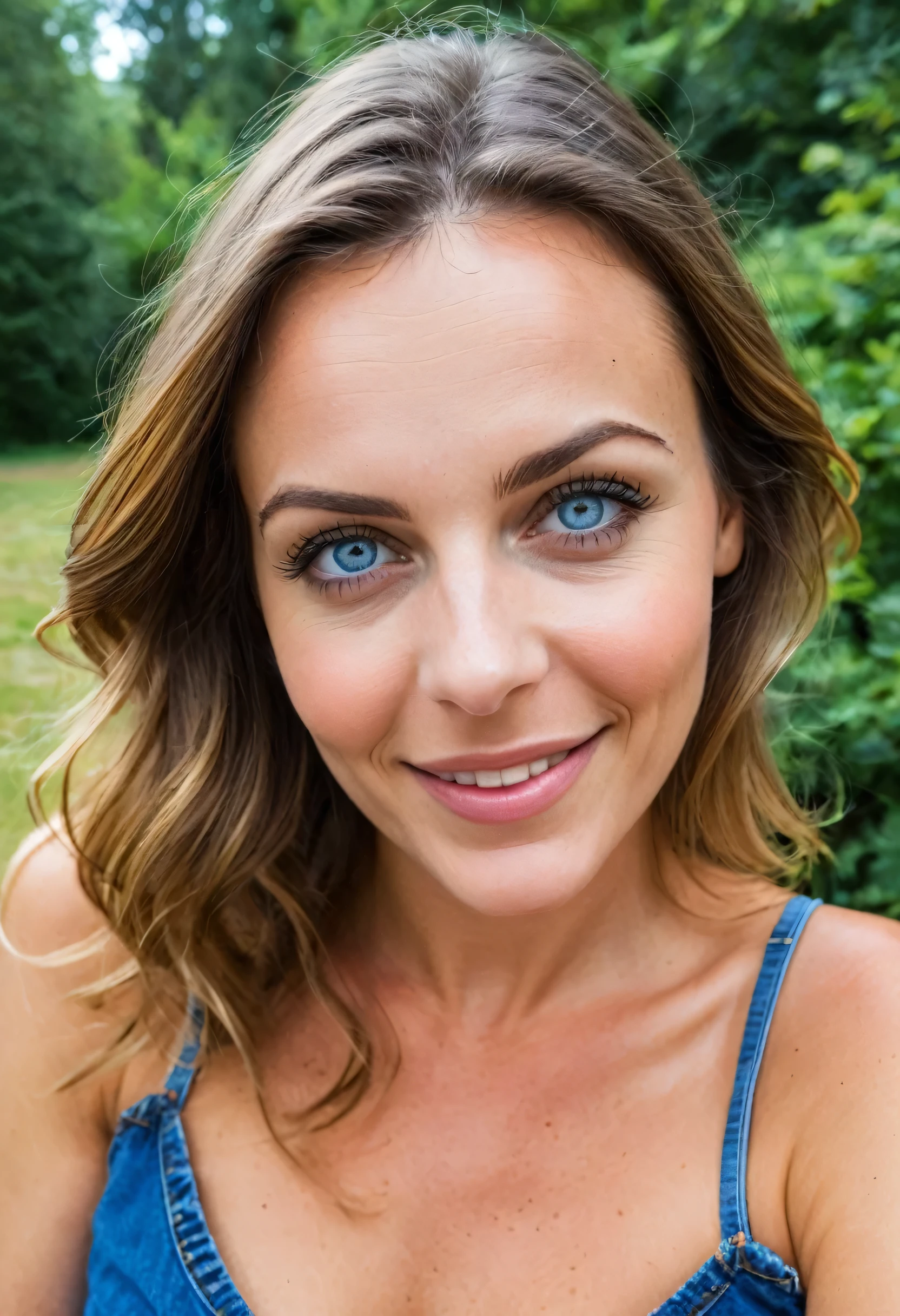 cœur_9, scœur_8_en haut, scœur_7_en haut, scœur_6_en haut, Belle femme,visage mignon,Timide,Rire aux éclats,yeux parfaits ultra détaillés et extrêmes,yeux bleu foncé et profond,Dents,40 ans,nez rougir,gros seins,contact avec les yeux,Porter des manches courtes décontractées et de la peinture sur jeans,Extérieur,Dans le parc,(tête inclinée),Photo brute,réaliste,éclairage volumétrique, profondeur de champ,cinématique,Tout le corps,tir de tout le corps,