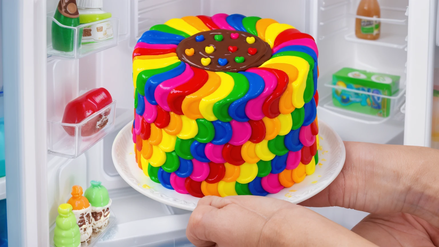 Rainbow cream cake is placed in the refrigerator. smears of cream in a checkerboard pattern, hole with chocolate drips on top, ((cream highlights)), against the background of the refrigerator, Multiple light sources, bright lighting, Realistic style , realistic texture, detailed texture, A high resolution, high quality,