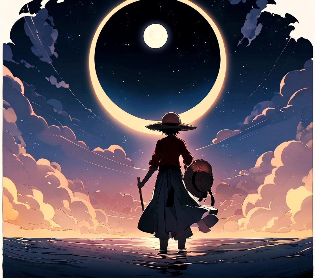 Can you generate Monkey D's image for me??. Luffy is single-minded, With his straw hat, The moon from behind. Dark sky and very bright moon.