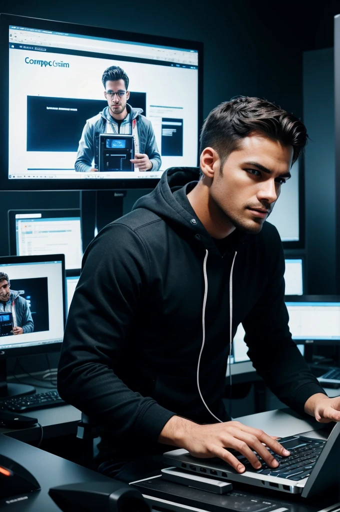 generate image of a men using computer on his setup full hacking type background and theme and video editing on screen of system