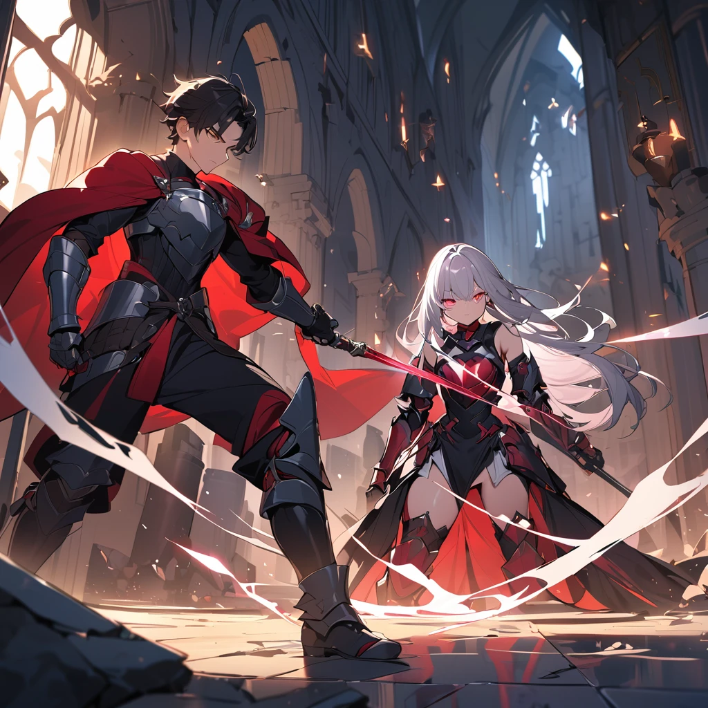(masterpiece:1.5), best quality, very aesthetic, absurdres, 1boy, 1girl, hero, male, 18 years old, short messy hair, black hair, serious and focused expression, sweating forehead, armor, chest plate, shoulder guards, gauntlets, greaves, red cape, holding sword, forward-leaning, swinging sword, 1girl, beautiful demon queen, female, 17 years old, long straight hair, flowing in the wind, silver hair, confident smile, glowing eyes, black dress, red gemstones, black cape, holding magic staff, jumping backward, casting magic, ruined castle interior, broken walls, floor, old furniture, dim light, illuminated by magic and sword reflection, fallen pillars, scattered debris, sharp focus on subjects, vivid colors, anime style, tension, excitement
