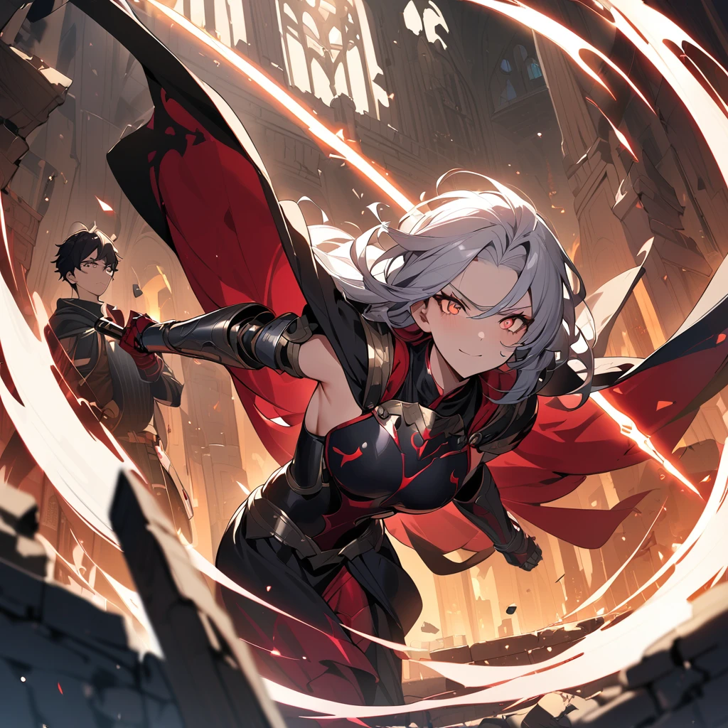 (masterpiece:1.5), best quality, very aesthetic, absurdres, 1boy, 1girl, hero, male, 18 years old, short messy hair, black hair, serious and focused expression, sweating forehead, armor, chest plate, shoulder guards, gauntlets, greaves, red cape, holding sword, forward-leaning, swinging sword, 1girl, beautiful demon queen, female, , long straight hair, flowing in the wind, silver hair, confident smile, glowing eyes, black dress, red gemstones, black cape, holding magic staff, jumping backward, casting magic, ruined castle interior, broken walls, floor, old furniture, dim light, illuminated by magic and sword reflection, fallen pillars, scattered debris, sharp focus on subjects, vivid colors, anime style, tension, excitement