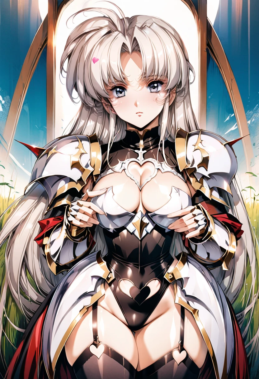 ((highest quality)), ((masterpiece)), ((hyperrealistic)), (detailed background), anime style, solo, 1girl, ((langrisser)), ((curvy: 1.2)), kawaii, ((armor dress: 1.3)), white long hair, ahoge, forehead, parted bangs, (white paladin armor), ((black leotard: 1.3)), ((heart cutout black leotard: 1.3)), ((large breasts)), ((breastplate)), (corset), (zettai ryouiki black knee socks), ((gauntlet)), (big butt), (thighs), (groin), garter straps, beautiful eyes, perfect face, Perfect hands, perfect fingers, Blue sky and grassland,