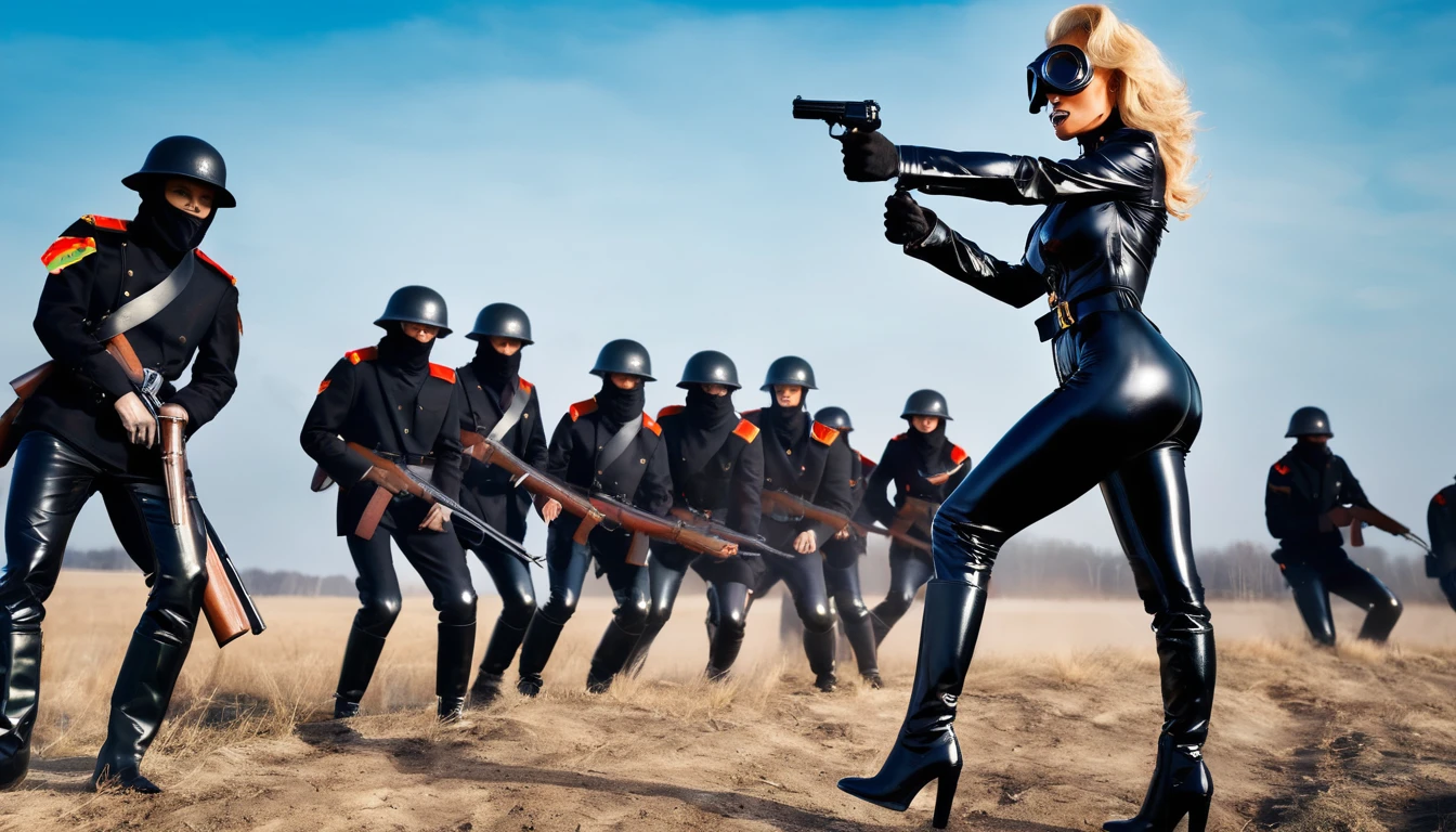 realistic photo , Pamela anderson standing shooting pistol , wearing black shinny pvc german uniform , black shinny pvc catsuit , wearing shinny pvc thigh high boots , on battlefield with german women soldiers dressed with shinny pvc and gas mask