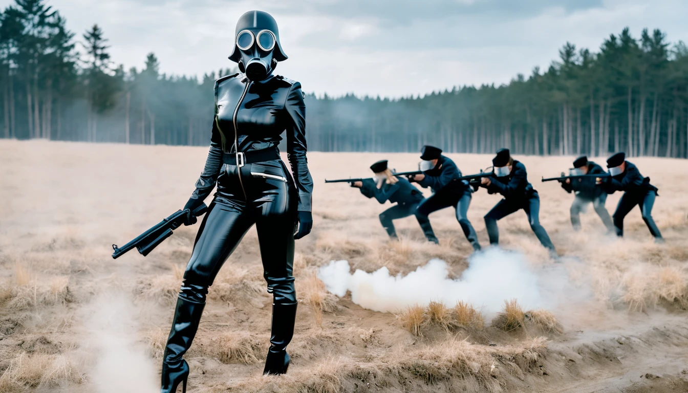 realistic photo , Pamela anderson standing shooting pistol , wearing black shinny pvc german uniform , black shinny pvc catsuit , wearing shinny pvc thigh high boots , on battlefield with german women soldiers dressed with shinny pvc and gas mask