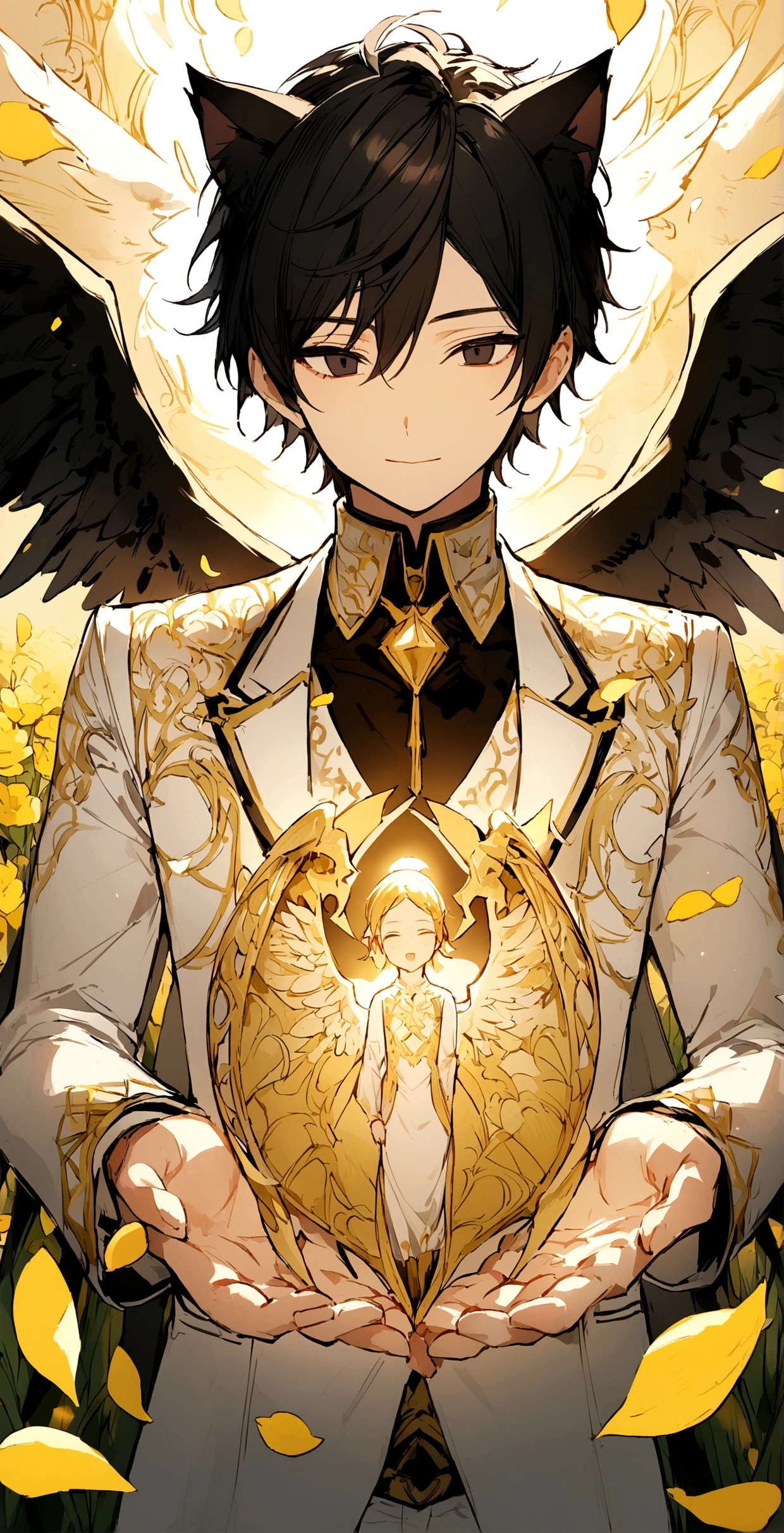 male,Black Hair,Gentle expression,Detailed and precise manual work,Black cat ears,Dark Eyes,length, Narrow eyes,Devil's Wings and Angel's Wings,Great light,An impressive subject in a field of yellow flowers, Petals flutter,A black and white suit with gold patterns,Hand-drawn illustration,Broad background,