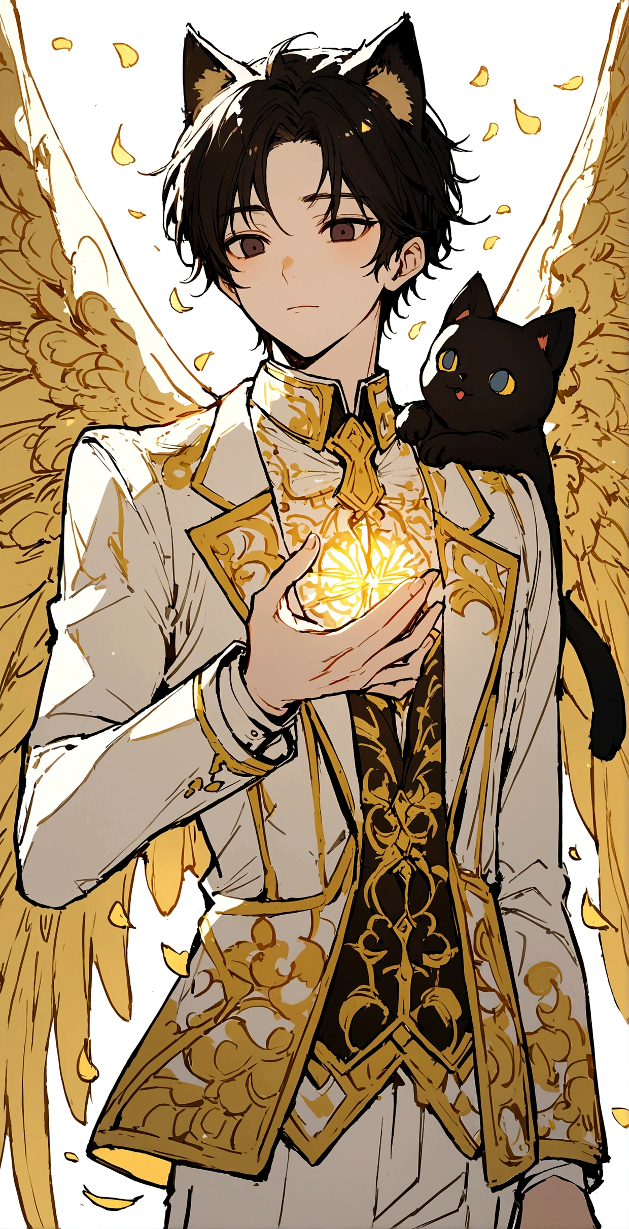 male,Black Hair,Gentle expression,Detailed and precise manual work,Black cat ears,Dark Eyes,length, Narrow eyes,Devil&#39;s Wings and Angel&#39;s Wings,Great light,An impressive subject in a field of yellow flowers, Petals flutter,A black and white suit with gold patterns,Hand-drawn illustration,Broad background,
