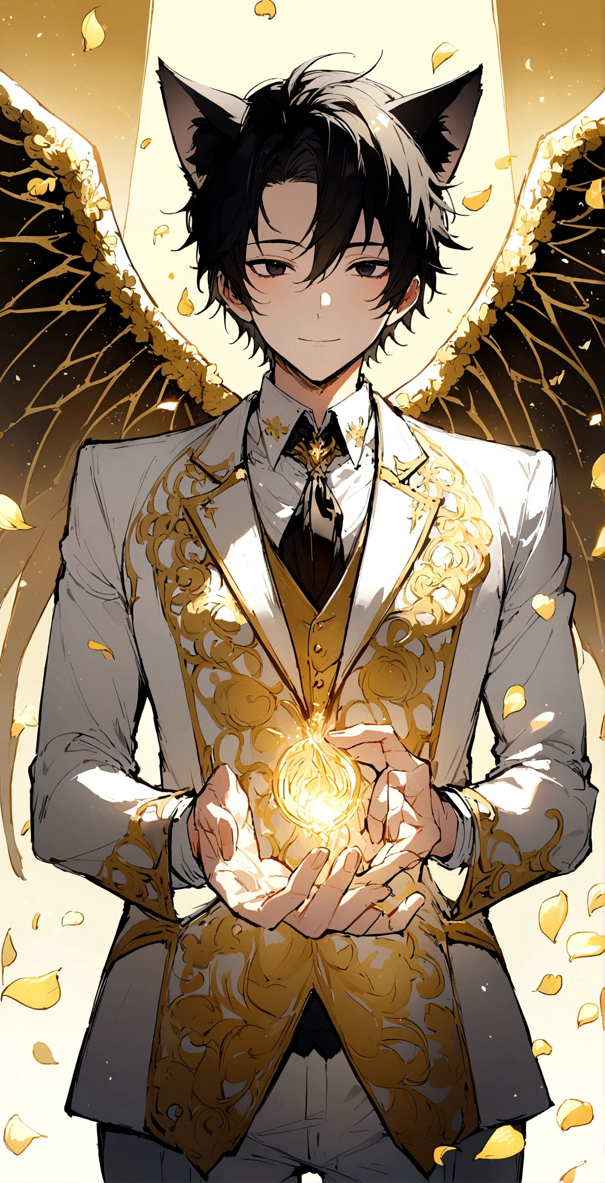 male,Black Hair,Gentle expression,Detailed and precise manual work,Black cat ears,Dark Eyes,length, Narrow eyes,Devil&#39;s Wings and Angel&#39;s Wings,Great light,An impressive subject in a field of yellow flowers, Petals flutter,A black and white suit with gold patterns,Hand-drawn illustration,Broad background,