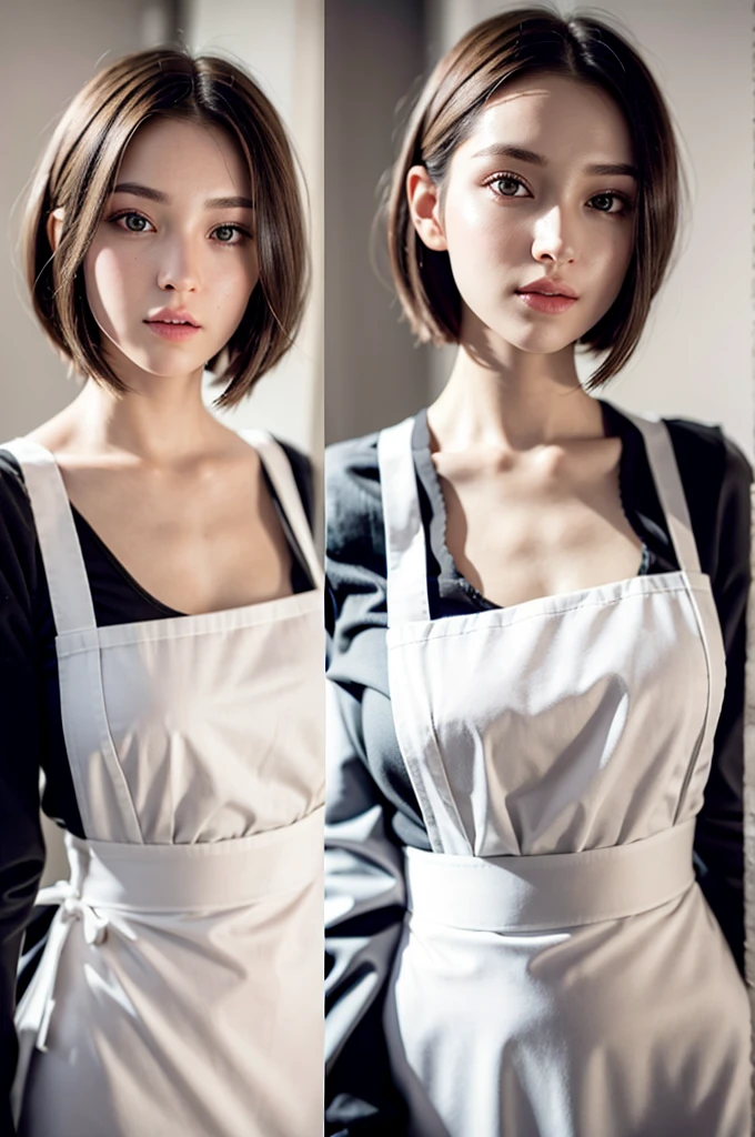 （（（European Caucasian Woman）））、（（（Mary, 18 years old）））、one person、（Thin contours、Grey Eye:1.5）、（Thin contours）、Big Breasts、Narrow waist、（（（White and translucent skin:1.3）））、Beautiful, shiny blonde medium-long hair、8-head-tall model style、Tokyo city、(8K, RAW Photos:1.2), Detailed face and eyes,最high quality, Ultra-high resolution, Very detailed ,Intricate details ,Tabletop ,pretty girl , Soft cinematic light, Hyper Detail,Sharp focus, high quality, Black Hair, Bobcut, black long sleeve, White, Maid Black Long Dress, White apron, Maid&#39;s Headdress, Are standing, Hands folded in front of the body、Place your right hand under your left hand, from the front, Cowboy Shot