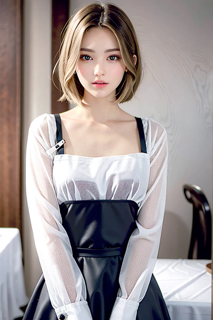 （（（European Caucasian Woman）））、（（（Mary, 18 years old）））、one person、（Thin contours、Grey Eye:1.5）、（Thin contours）、Big Breasts、Narrow waist、（（（White and translucent skin:1.3）））、Beautiful, shiny blonde medium-long hair、8-head-tall model style、Tokyo city、(8K, RAW Photos:1.2), Detailed face and eyes,最high quality, Ultra-high resolution, Very detailed ,Intricate details ,Tabletop ,pretty girl , Soft cinematic light, Hyper Detail,Sharp focus, high quality, Black Hair, Bobcut, black long sleeve, White, Maid Black Long Dress, White apron, Maid&#39;s Headdress, Are standing, Hands folded in front of the body、Place your right hand under your left hand, from the front, Cowboy Shot