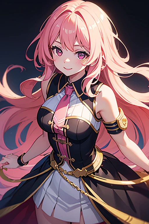 a beautiful female, pink long wavy hair, black eyes, smiling, half body shot, school idol costume, intricate details, cinematic lighting, clear focus, photorealistic, masterpiece, high resolution, ultra detailed, vibrant colors, dramatic lighting, 