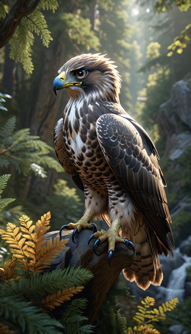 Mountains and forests，There is a kind of beast，It looks like a hawk but has human hands.(best quality，4K，8K，High level，masterpiece：1.2），Ultra Detailed，（lifelike，Photo real，Photo real：1.37），Highly detailed animals，Realistic lighting，Fantasy Creatures