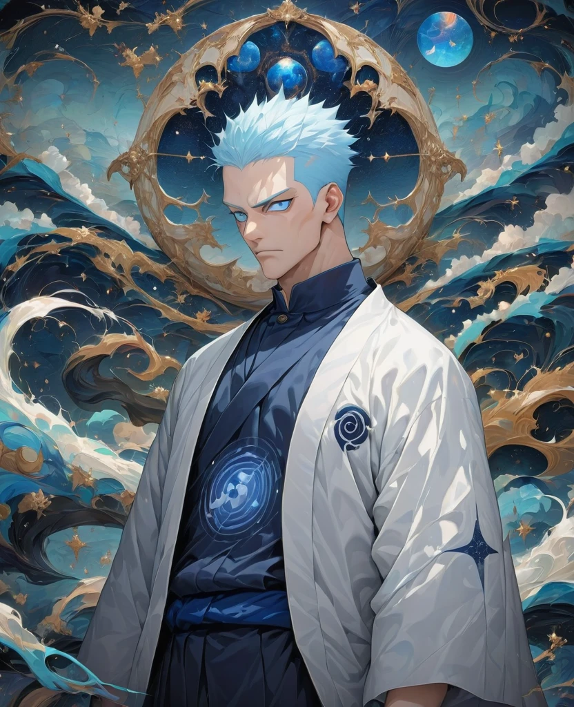 (masterpiece:1.3),(Highest quality:1.4),(Very detailedな:1.5),High resolution,Very detailed,8K,wallpaper,(One boy,gojou satora,JUJUTSU KAİSEN),artwork,(The background is an infinite universe with red and blue tones)