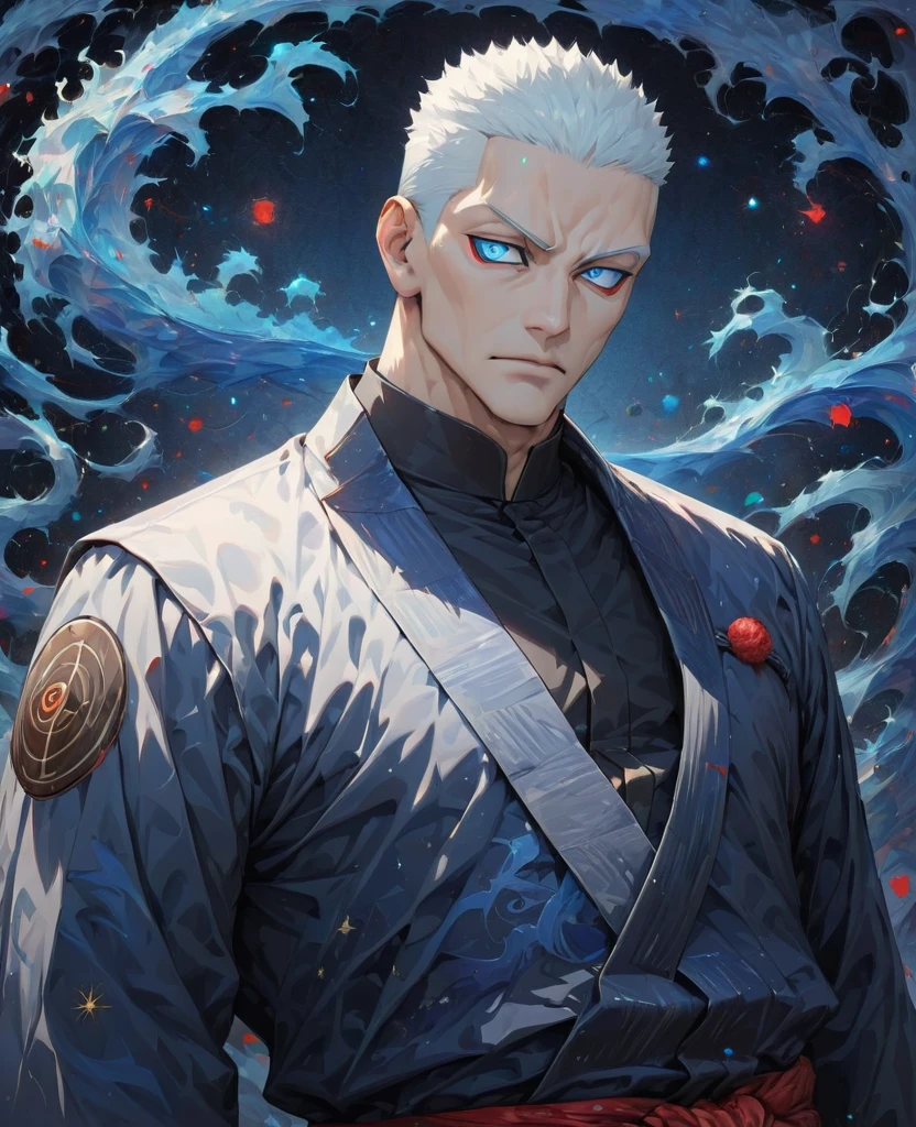 (masterpiece:1.3),(Highest quality:1.4),(Very detailedな:1.5),High resolution,Very detailed,8K,wallpaper,(One boy,gojou satora,JUJUTSU KAİSEN),artwork,(The background is an infinite universe with red and blue tones)