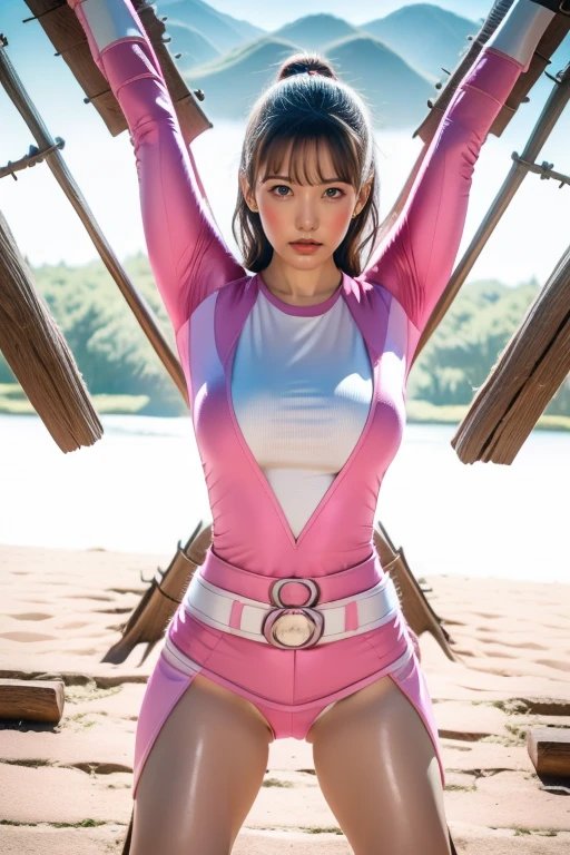 pink theme，pink ranger suit、curvy, big breats,  full body, tied on Saint Andrew's cross in X position