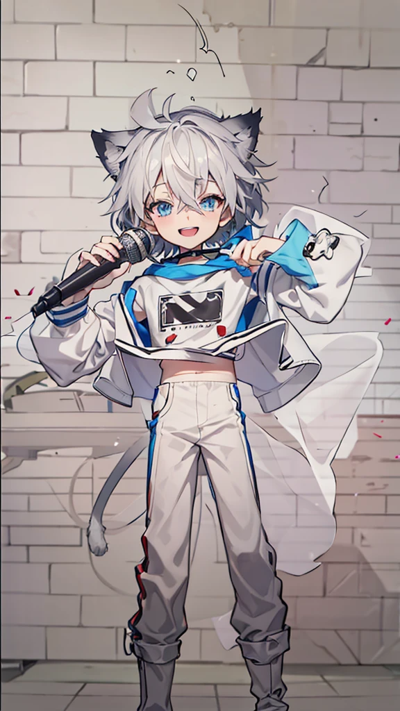 The boy has cat ears and a white shirt., Big smile , holding a microphone in hand , 2D anime style, Hero 2 d fanart artation, 2D anime, Full picture of the short story!, Anime style characters, As an anime character, High quality fan art, 2D style, Echoes from Overwatch, Detailed fan art, Male protagonist 👀 :8, in anime style, anime boy