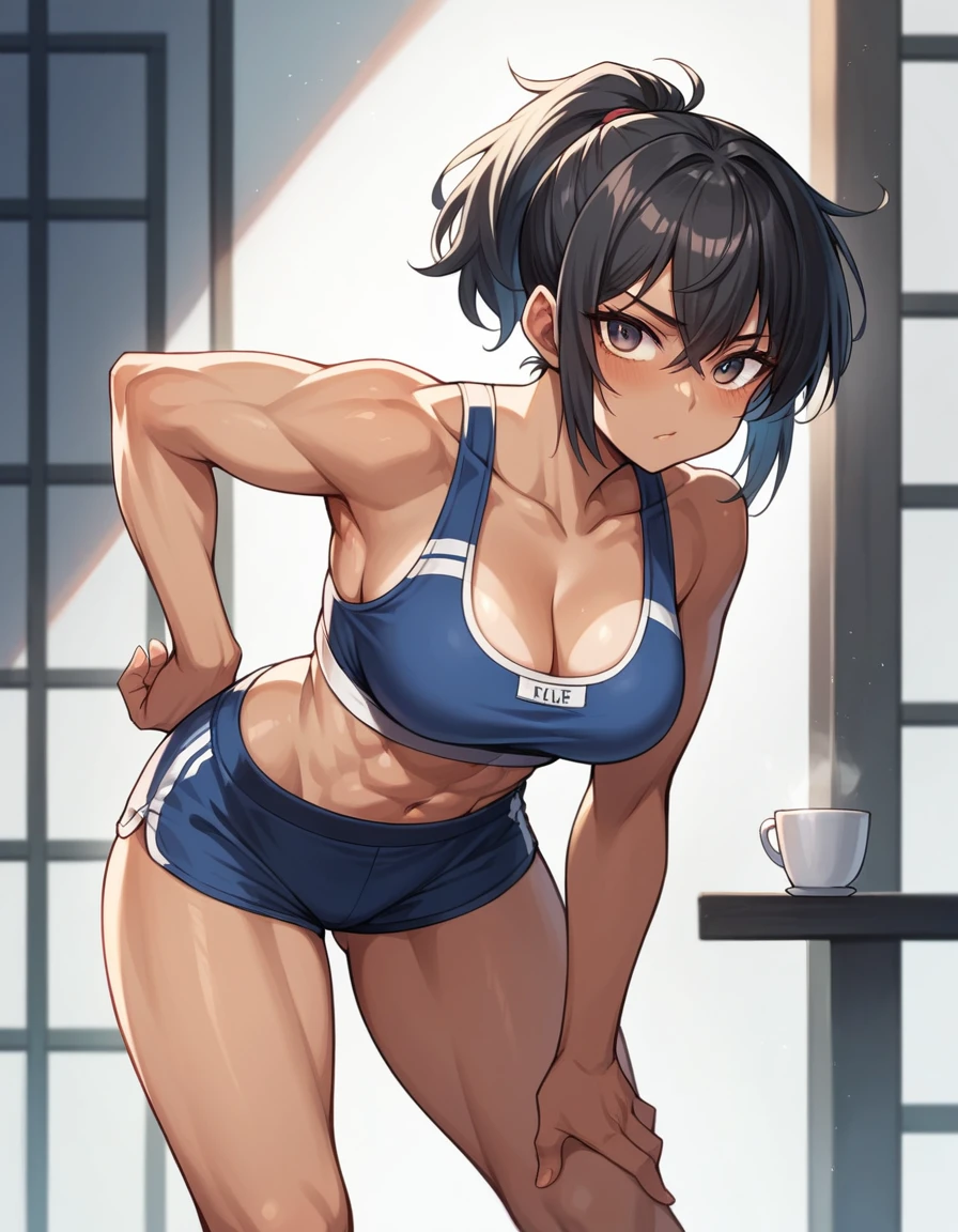 Anime, best quality, masterpiece, super detailed, with attention to detail, -yeld bl-haired girl with a very toned and great body line, with breasts over D cup, wearing a sports bra on the upper half and bloomers on the lower half.、Short hair in a ponytail. Leaning forward to reveal cleavage.、It's clearly visible. He's holding the center of both his legs with one hand. His face is very red. His eyes look sleepy. His mouth is open and his tongue is sticking out. He's breathing out white breath.