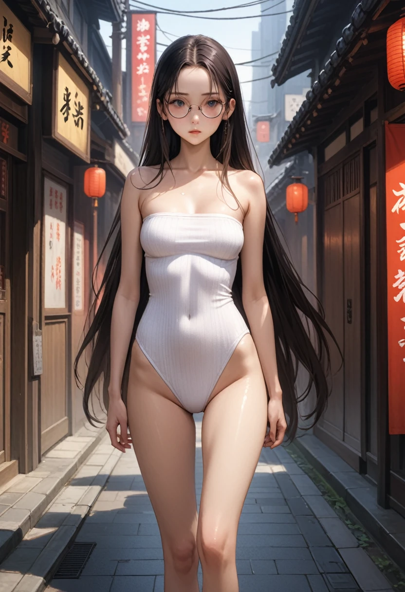 ((masterpiece,Highest quality:1.3,best illustration,realistic)),1woman、独奏,20 year old Japanese beauty,((very small head:1.3)),center parted bangs,forehead,black hair,long hair,black eyes,gorgeous eyes,Black-rimmed glasses、shy,medium breasts,((very long body:1.2)),((toned body,slender body,skinny)),gleaming skin,shiny skin,oily skin,(off-shoulder white knit one-piece wear),on street,Tokyo、