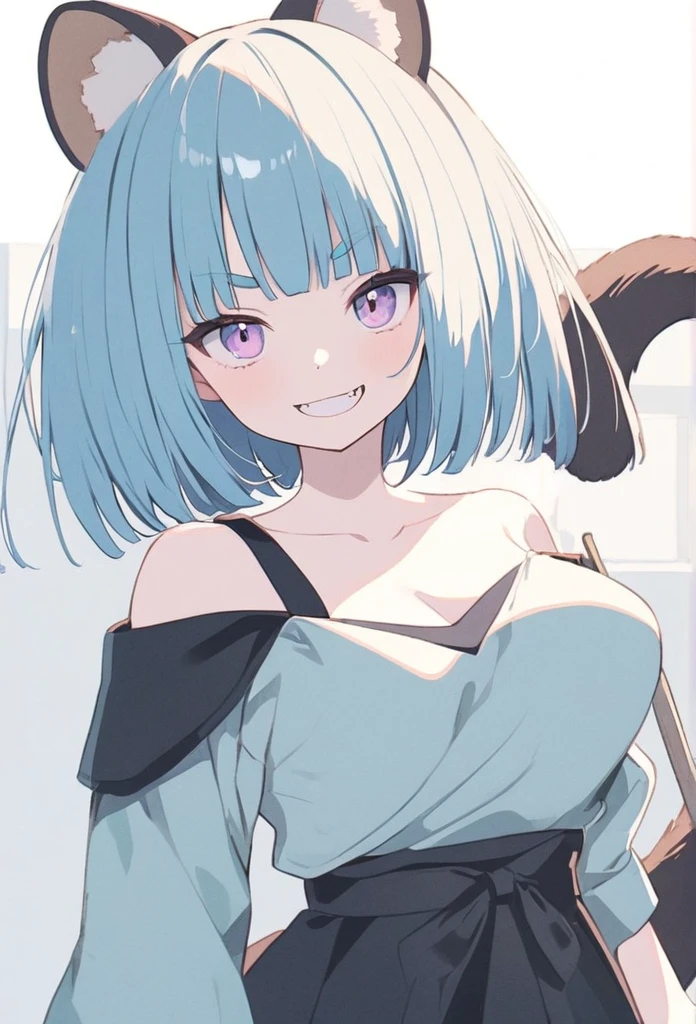 anime,(pale colors:1.8),long shot, 1girl, (on right:1.3), solo, cat mouth, dynamic angle, holding stick, grin, fang,  blue hair, bobcut, straight hair, racoon ears, racoon tail, (brown streaked hair:1.3), (blunt bangs) ,thick eyebrows, big breast, off shoulder clothes, cutout,  striped background, shadow, 