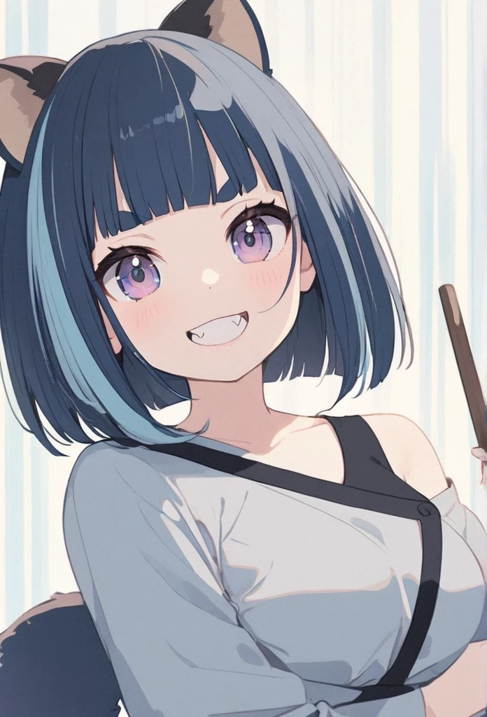 anime,(pale colors:1.8),long shot, 1girl, (on right:1.3), solo, cat mouth, dynamic angle, holding stick, grin, fang, blue hair, bobcut, straight hair, racoon ears, racoon tail, (brown streaked hair:1.3), (blunt bangs) ,thick eyebrows, big breast, off shoulder clothes, cutout, striped background, shadow,