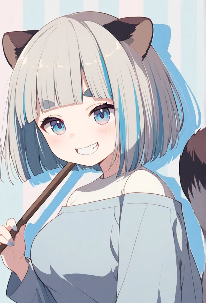 anime,(pale colors:1.8),long shot, 1girl, (on right:1.3), solo, cat mouth, dynamic angle, holding stick, grin, fang,  blue hair, bobcut, straight hair, racoon ears, racoon tail, (brown streaked hair:1.3), (blunt bangs) ,thick eyebrows, big breast, off shoulder clothes, cutout,  striped background, shadow, 