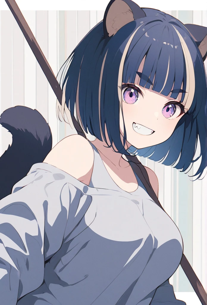 anime,(pale colors:1.8),long shot, 1girl, (on right:1.3), solo, cat mouth, dynamic angle, holding stick, grin, fang,  blue hair, bobcut, straight hair, racoon ears, racoon tail, (brown streaked hair:1.3), (blunt bangs) ,thick eyebrows, big breast, off shoulder clothes, cutout,  striped background, shadow, 