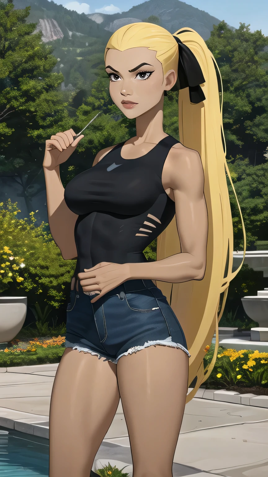 (cowboy shot), (masterpiece, best_quality, ultra-detailed, immaculate:1.3), epic, illustration,
BREAK
ArtemisYJ, ponytail,super long hair,
(White tank top),high-waist shorts medium breast 
BREAK
(courtyard, garden, outdoors, gorgeous view)