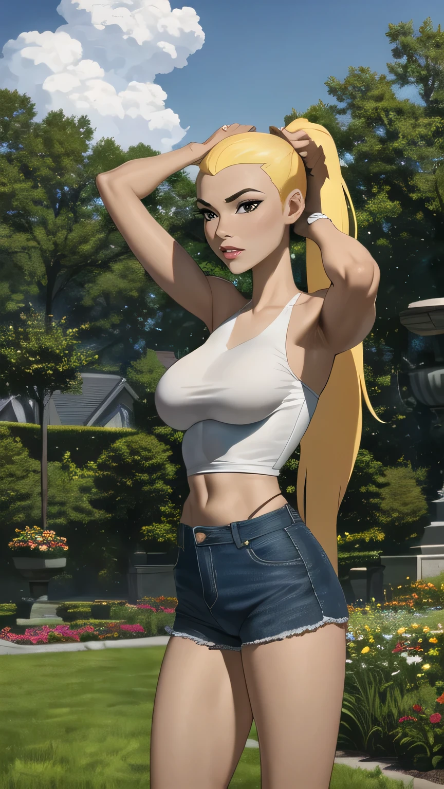 (cowboy shot), (masterpiece, best_quality, ultra-detailed, immaculate:1.3), epic, illustration,
BREAK
ArtemisYJ, ponytail,super long hair,
(White tank top),high-waist shorts medium breast 
BREAK
(courtyard, garden, outdoors, gorgeous view)