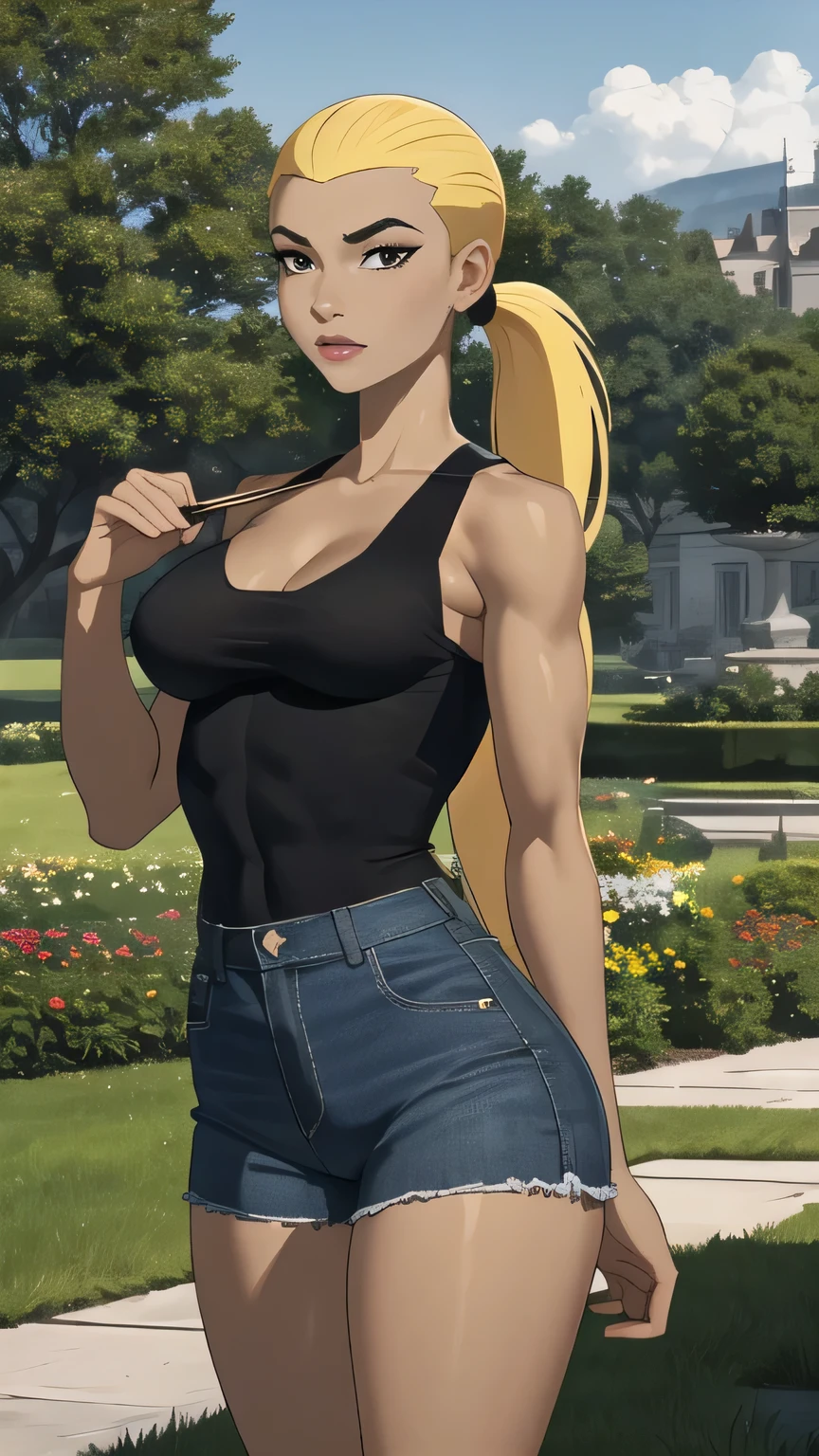 (cowboy shot), (masterpiece, best_quality, ultra-detailed, immaculate:1.3), epic, illustration,
BREAK
ArtemisYJ, ponytail,super long hair,
(White tank top),high-waist shorts medium breast 
BREAK
(courtyard, garden, outdoors, gorgeous view)