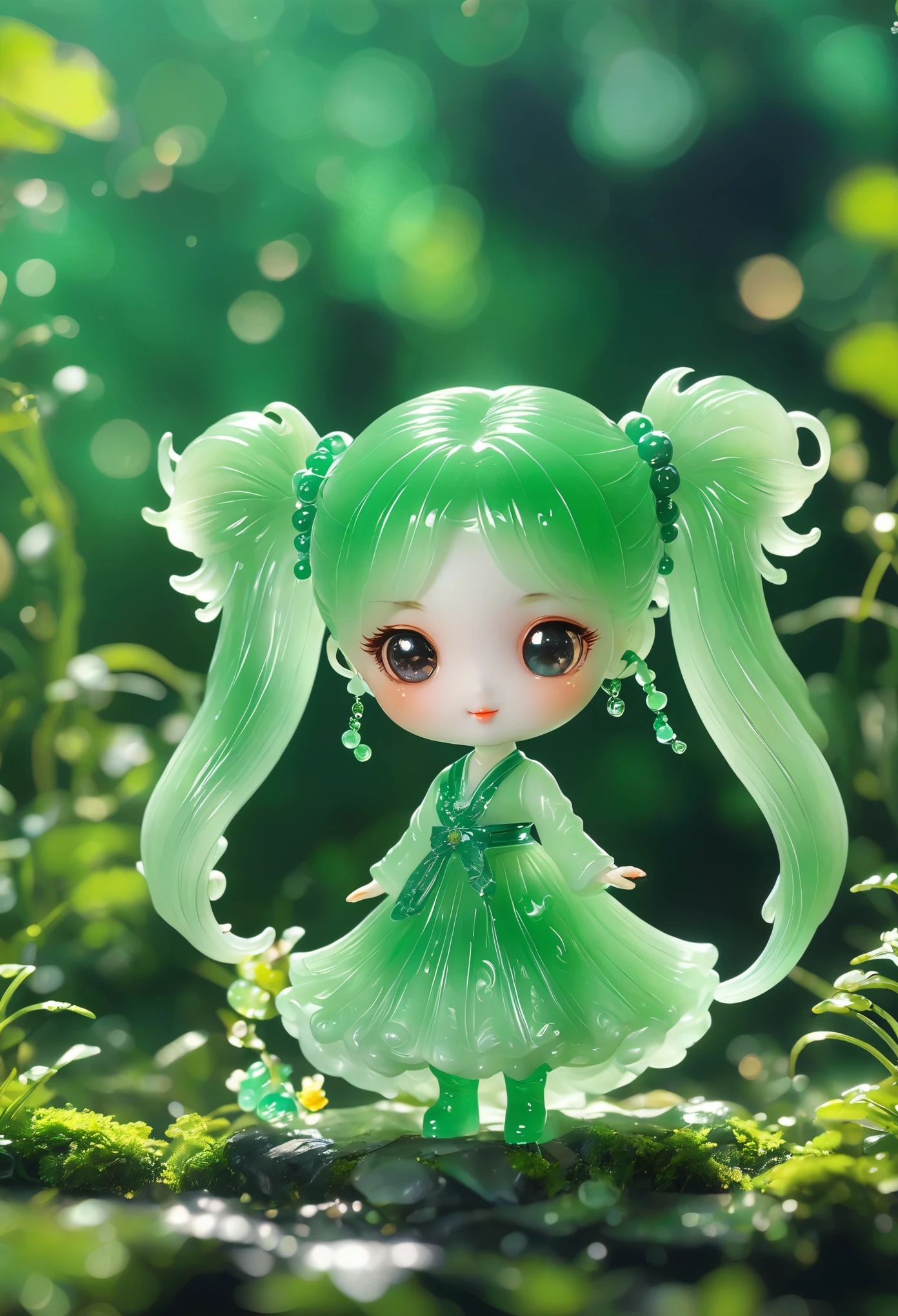 best quality, very good, 16K, ridiculous, Very detailed, Gorgeous(((Twin Tails 1 Girl 1.3)))，Made of translucent jadeite, Background grassland（（A masterpiece full of fantasy elements）））， （（best quality））， （（Intricate details））（8K）