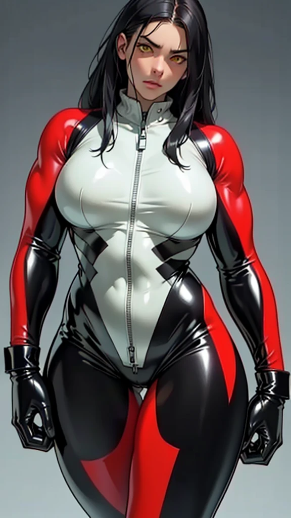 (1girl), black hair, extremely long hair, yellow eyes ((((((muscular)))))), (((huge breasts))), ((((thick thighs)))), solo, despair face, (pale skin), cowboy shot, (((full latex bodysuit)))