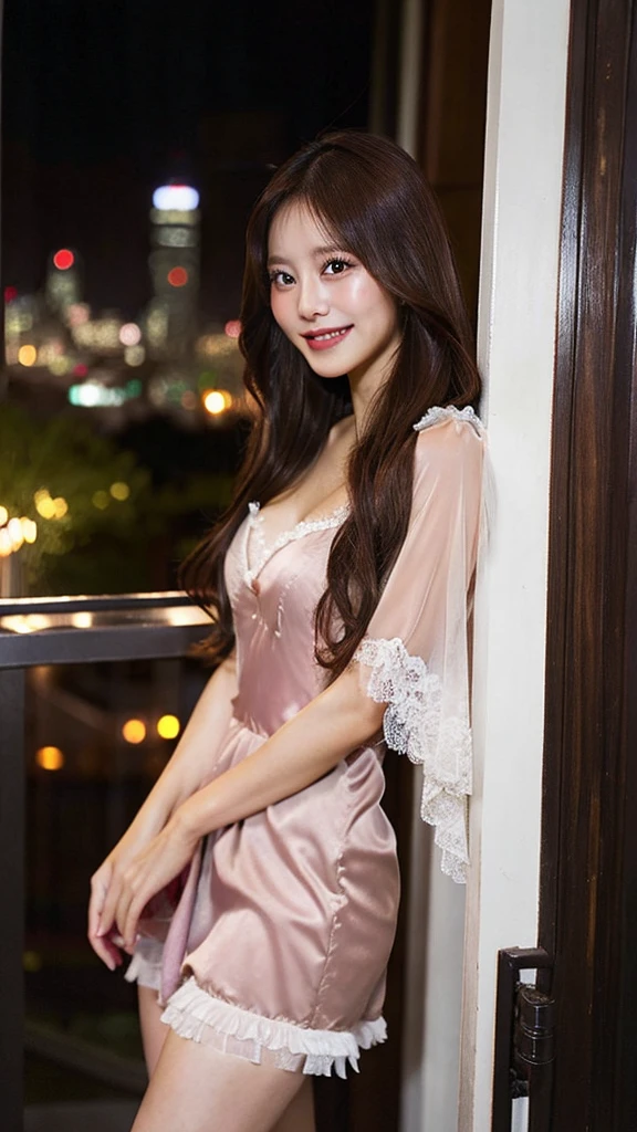Highest quality、A beautiful woman、Long Hair、Brown Hair、negligee、Shy laugh、Nikko lighting、The background is the cityscape