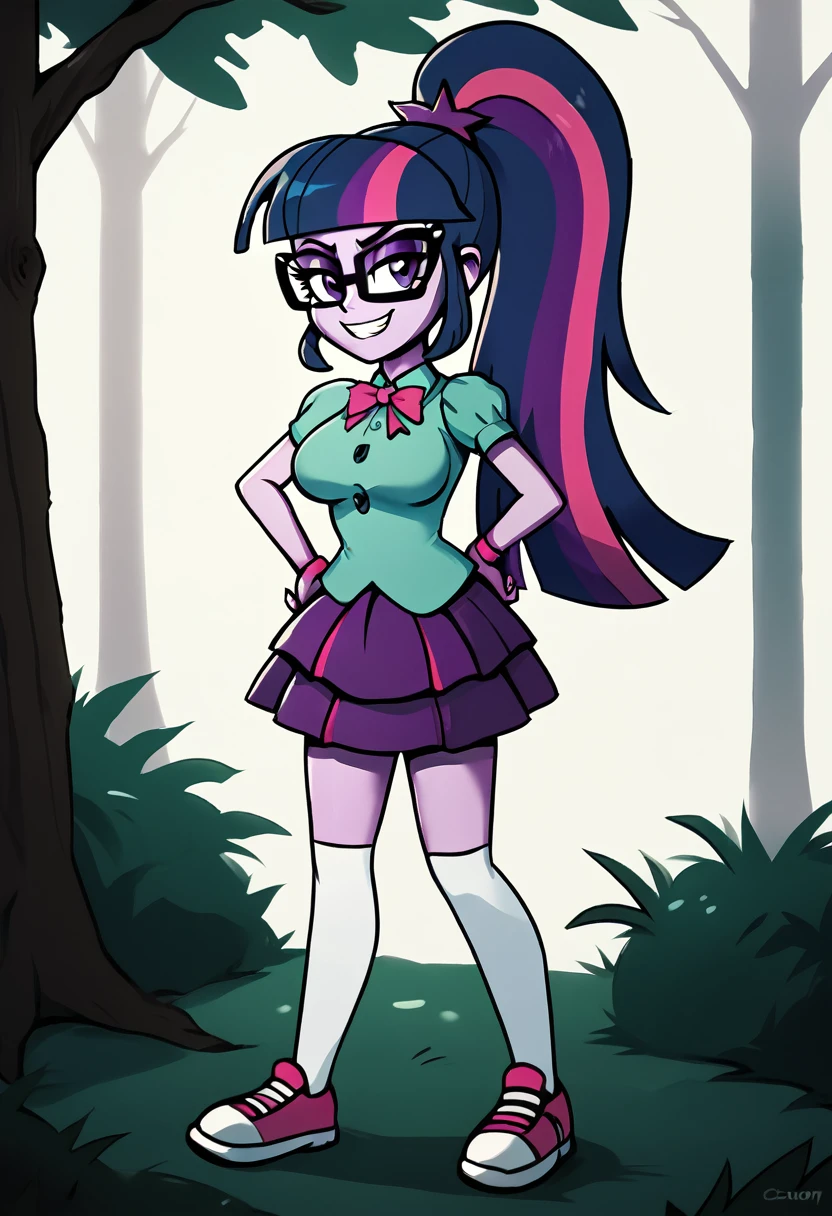 ((High Quality image 10k)) (( perfect autonomy)) Masterpiece, Twilight Sparkle, Solo girl, evil smug smile, ponytail, wearing  black glasses, naked, big breasts, big feet,  Twilight Sparkle Equestria Girls, full body, Standing, in the park, Twilight Sparkle, cuerpo completo, high resolusion