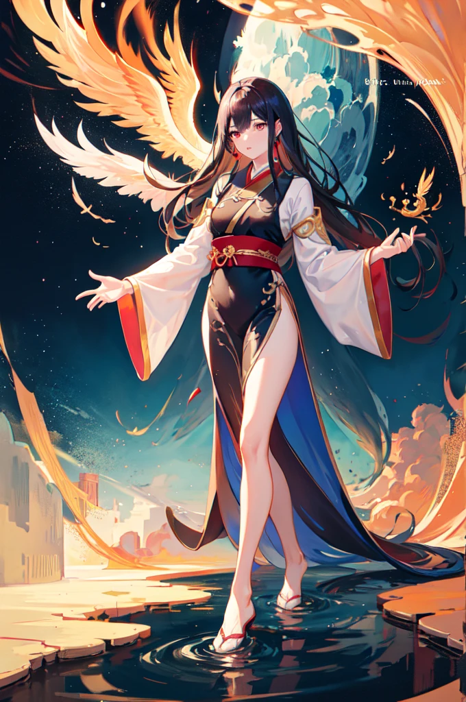 A beautiful Chinese girl standing on the water, misty reflection, a huge phoenix divine bird in the sky, magic, fantasy, dynamic posture, composed of colorful glowing flames, delicate face, delicate eyes, long black and golden hair, wearing amber and sky blue Hanfu, delicate and intricate patterns, ink painting, golden bronzing, epic composition, soft shadows, Clean sharp focus, cinematography, center composition, poster design, film photography, Panorama, 32K --v 6