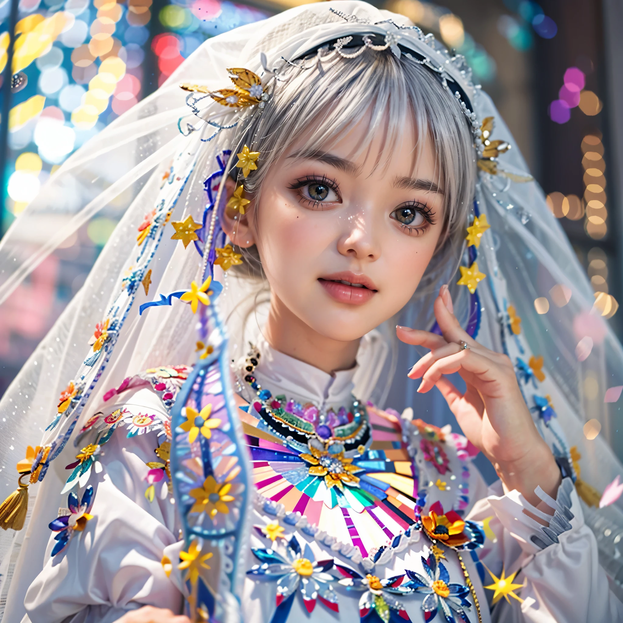 WHITE and RED, (Masterpiece TopQuality aesthetic Mystic:1.2), ExtremelyDetailed a KAWAII Bride (CloseUp from below:1.4) Radiant PearlSkin with Transparency (Acutance:0.8), (((Detailed NOGIZAKA FaceVariations))), Childish CaptivatingGaze ElaboratePupils with (SparklingHighlights:1.28), DoubleEyelids with (Voluminous LongEyelashes:0.88), Small GlossyRedLips with BeautifulDetails, PUNIPUNI RosyCheeks, Glowing DowneyHair . { (Dynamic Joyful expressions LifeLike Rendering:1.4) | (:d) } BREAK Background is Filled with Dazzling Blurred StainedGlass (BokeH:1.4) ExtremelyDetailed Elaborate Stained Glass Art, Colored Glass, Lead Line, Light transmission Bright colors, intricate designs, luminous effect, Spiritual atmosphere . Corrected 4 fingers and thumb