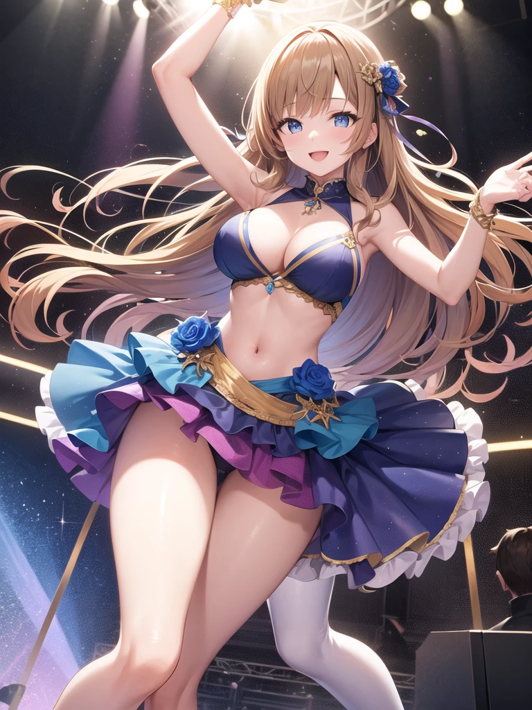 whole body, Dancing, Dynamic pose, Dynamic Angle, girl, 20-year-old, Long Hair, Light brown hair, Curly Hair, Happy, smile, Big bright blue eyes, Large Breasts, Idol Costumes, Midliftp, mini skirt, on stage, Absurd, Very detailed, masterpiece, high quality, wallpaper 8k CG