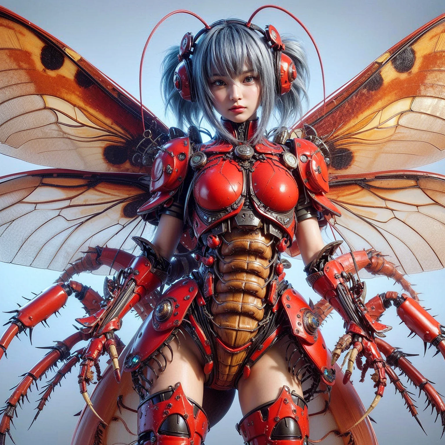 (top-quality:1.2, masterpiece), ultra high res,(Photorealsitic:1.4), (scorpion-like bio animal suit:1.3), heavy weapons,large wings, vivid textures,insect legs, red hair, glowy skin, fur,japanese girl beautiful face, ((super realistic intricate details)), full body shot, globalillumination, octan render, ultrasharp, character edge light, Details of complex ornaments, Acrylic Clear Cover, Hydraulic cylinder