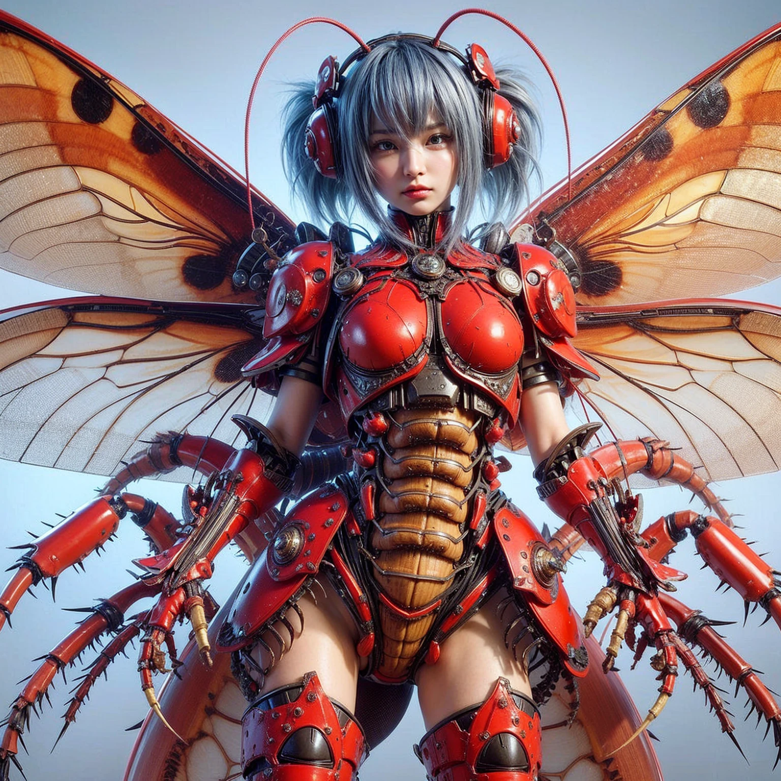 (top-quality:1.2, masterpiece), ultra high res,(Photorealsitic:1.4), (scorpion-like bio animal suit:1.3), heavy weapons,large wings, vivid textures,insect legs, red hair, glowy skin, fur,japanese girl beautiful face, ((super realistic intricate details)), full body shot, globalillumination, octan render, ultrasharp, character edge light, Details of complex ornaments, Acrylic Clear Cover, Hydraulic cylinder
