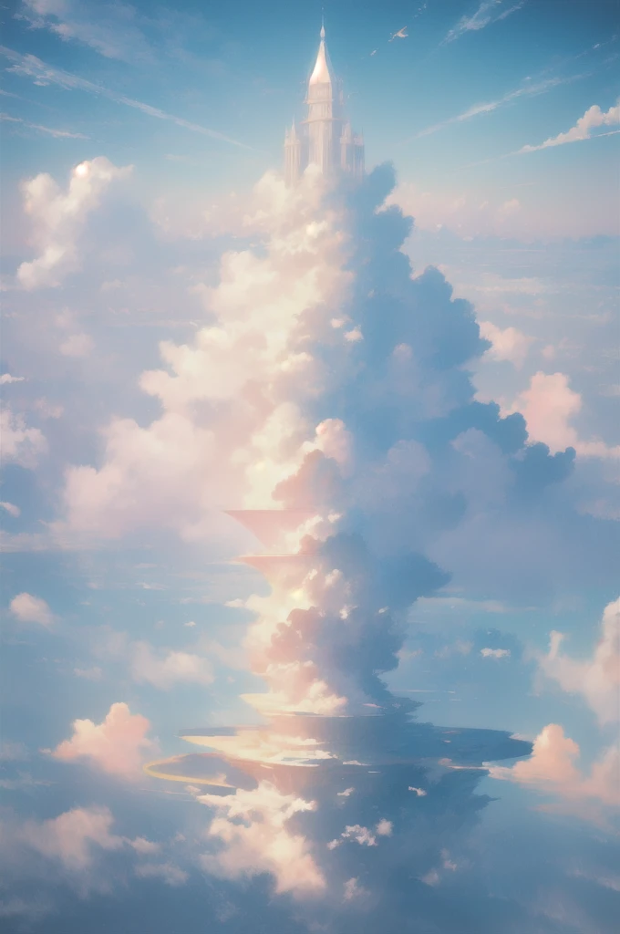 Gently illustration, Soft atmosphere, Pastel colored pencil illustrations, Surreal, meticulously made, Ultra-high quality, Ultra Detailed, landscape, Sky, cloud,Sky, architecture, Palace in the Sky,Looming,极好的landscape, Magnificent views, 在cloud端,Solitary,Sky Island,Floating island in the air