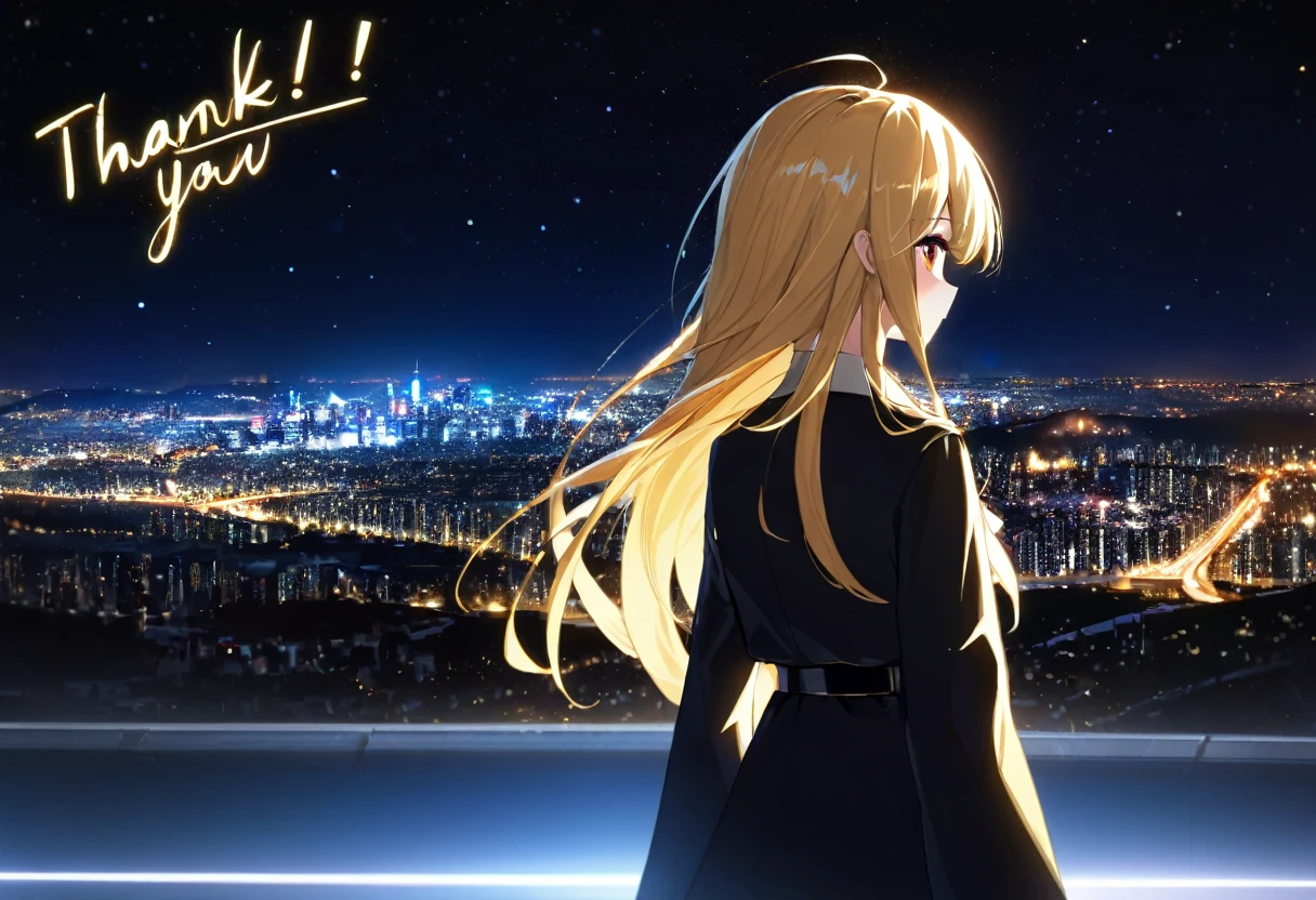 (((zoom out))),8K,((Highest quality)),((high-res)),((shot from behind)),night,She stands front of a black world,dreaming,shiny,gritter,thank you!