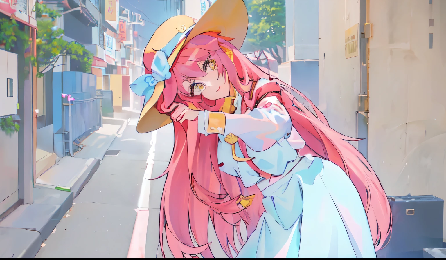On the streets of the city,Long pink hair,Anime girl in hat, humanoid pink female squid girl, long hair anime girl, 扁平Anime style阴影, Wear, Anime style, Anime style, In the anime painter studio, Anime girl named Lucy, advanced digital anime art ”, The art style of Dragon King