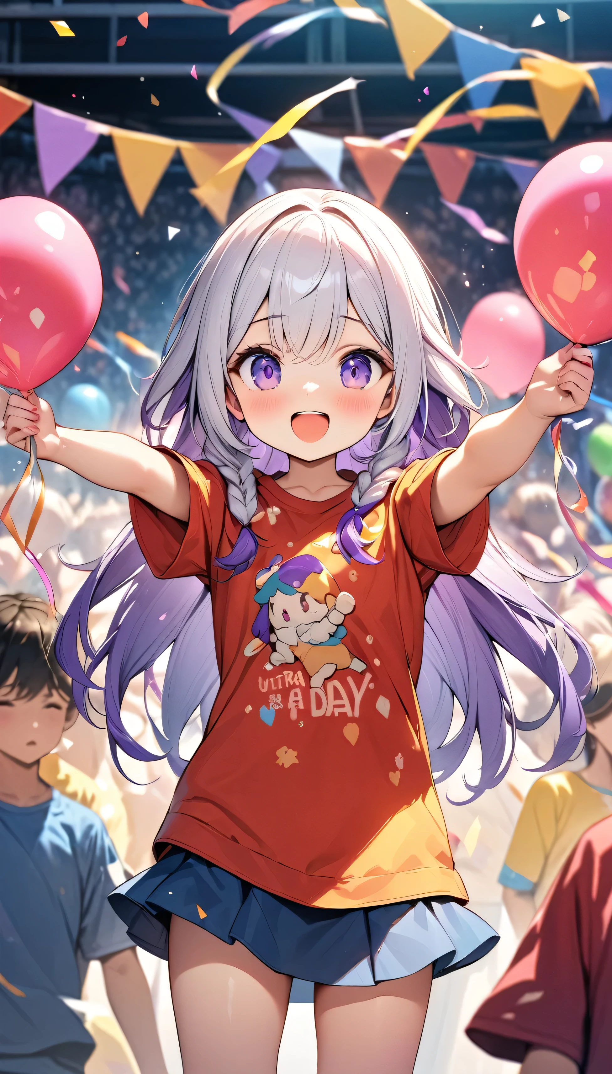 (Best quality, 8K, 32k, masterpiece, Ultra HD:1.3), (Children's Day illustration), Two children in short-sleeved T-shirts and short skirts cheering with their hands raised on the stage,  yinji, Purple Hair, Purple Eyes, Long hair, White hair, Double braid, Gradient hair, Bright and warm, There are streamers and balloons everywhere., Crowd cheering. Characters make up only a small part of the picture.