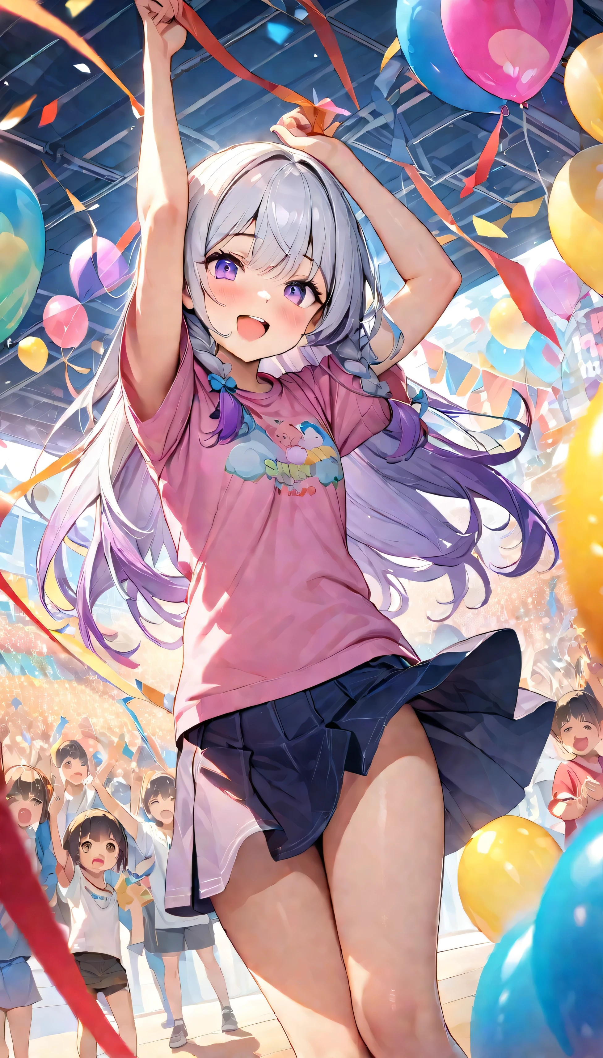 (Best quality, 8K, 32k, masterpiece, Ultra HD:1.3), (Children's Day illustration), Two children in short-sleeved T-shirts and short skirts cheering with their hands raised on the stage, yinji, Purple Hair, Purple Eyes, Long hair, White hair, Double braid, Gradient hair, Bright and warm, There are streamers and balloons everywhere., Crowd cheering. Characters make up only a small part of the picture.