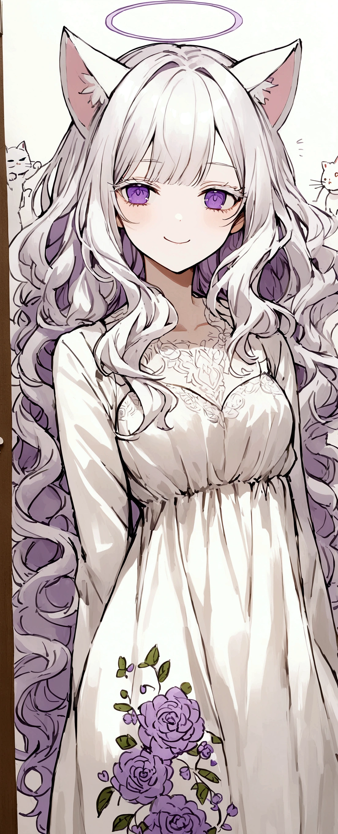 Wink,Long Wavy Hair,White hair is very attractive, Detailed and precise manual work, Attractive girl, White cat ears,Purple eyes and white eyelashes,Light in your eyes,Angel's wing,A dumb face,A delicate, flowing white dress with purple floral print, Hand-drawn illustration,Broad background,