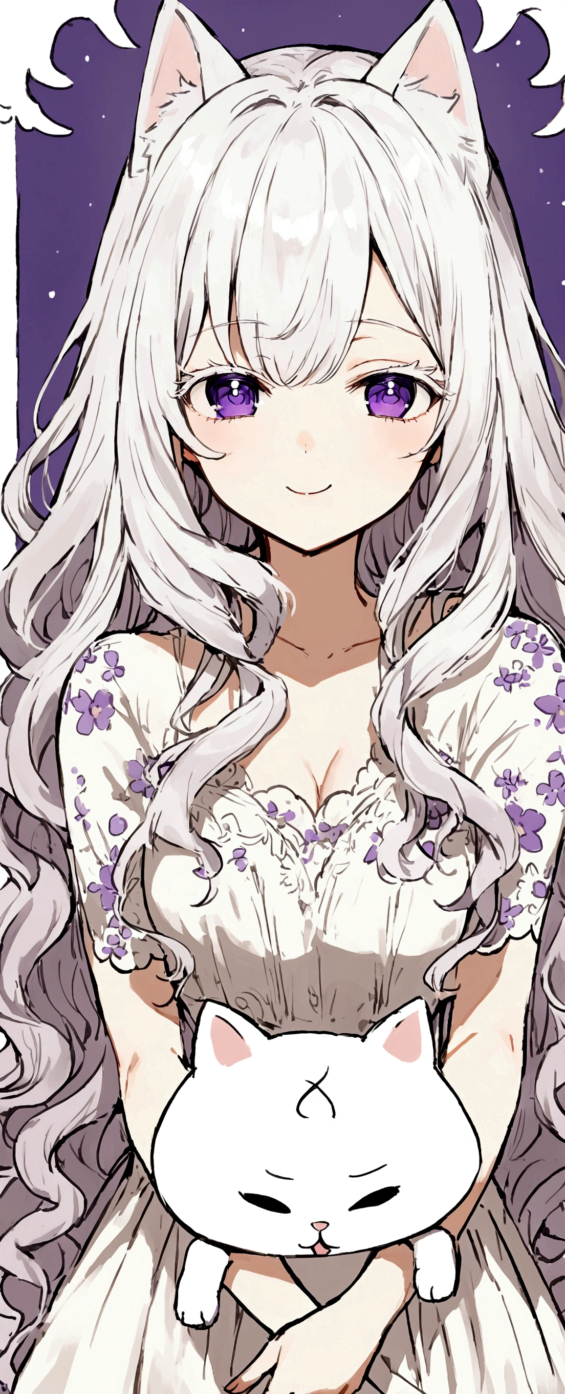 Wink,Long Wavy Hair,White hair is very attractive, Detailed and precise manual work, Attractive girl, White cat ears,Purple eyes and white eyelashes,Light in your eyes,Angel's wing,A dumb face,A delicate, flowing white dress with purple floral print, Hand-drawn illustration,Broad background,